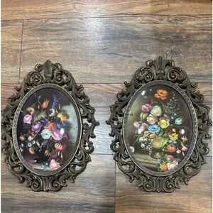 2- Vintage Brass Oval Ornate Convex Flowers Picture Frame Made In Italy